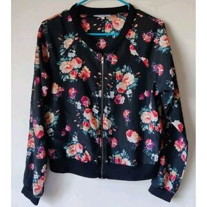 Charlotte Russe Junior/Womens Satin Like Bomber Jacket Size Medium Floral Zipper
